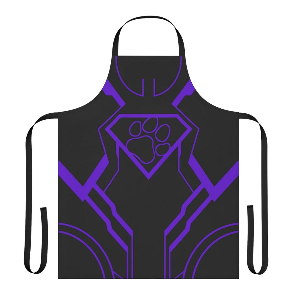 Vibrant purple apron with a superhero-inspired design