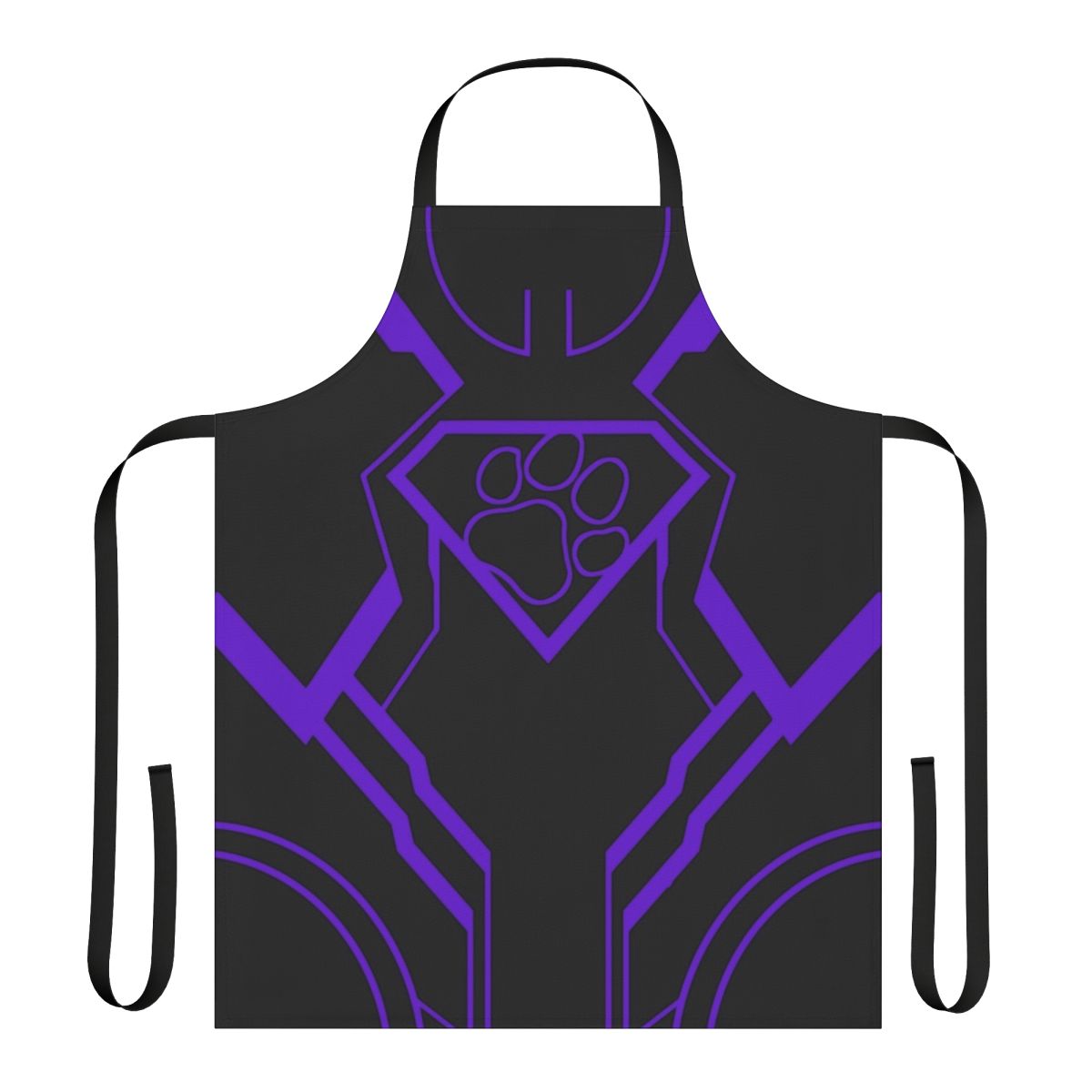Vibrant purple apron with a superhero-inspired design