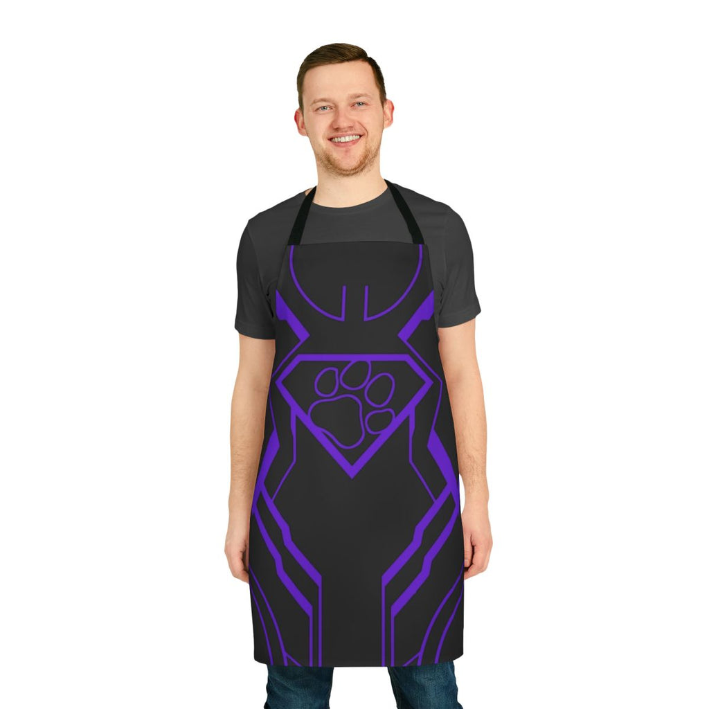 Vibrant purple apron with a superhero-inspired design