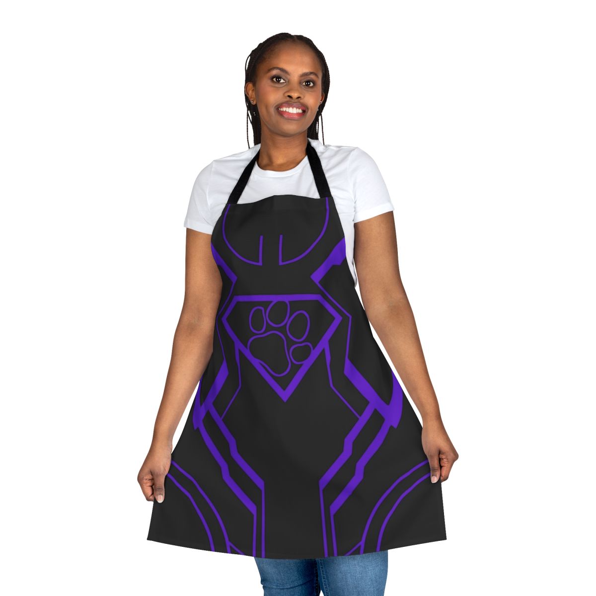 Vibrant purple apron with a superhero-inspired design