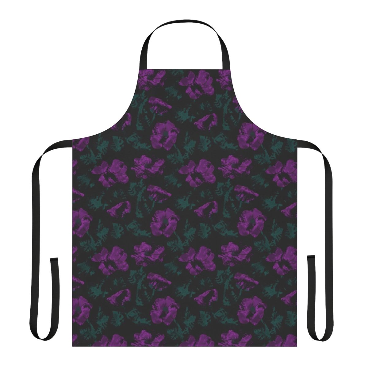 Closeup of a purple and black floral pattern apron