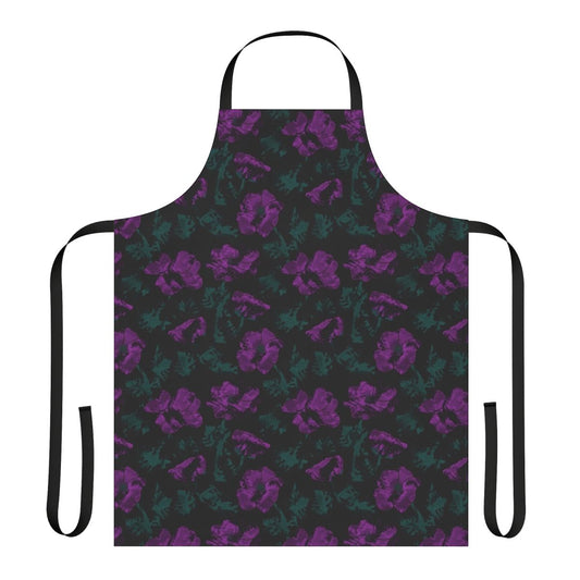Closeup of a purple and black floral pattern apron