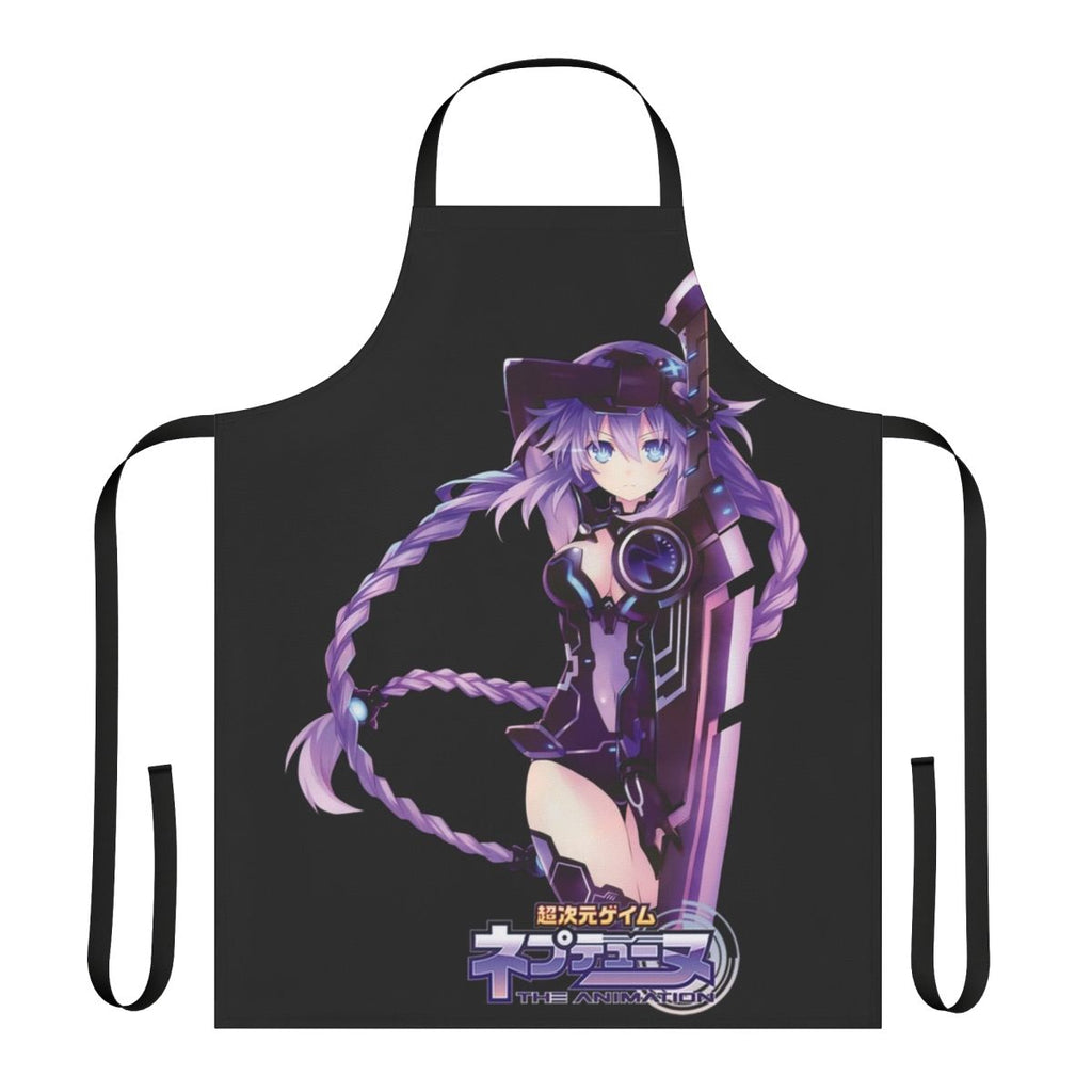 A purple and glowing apron featuring the character Purple Heart from the Hyperdimension Neptunia anime series.
