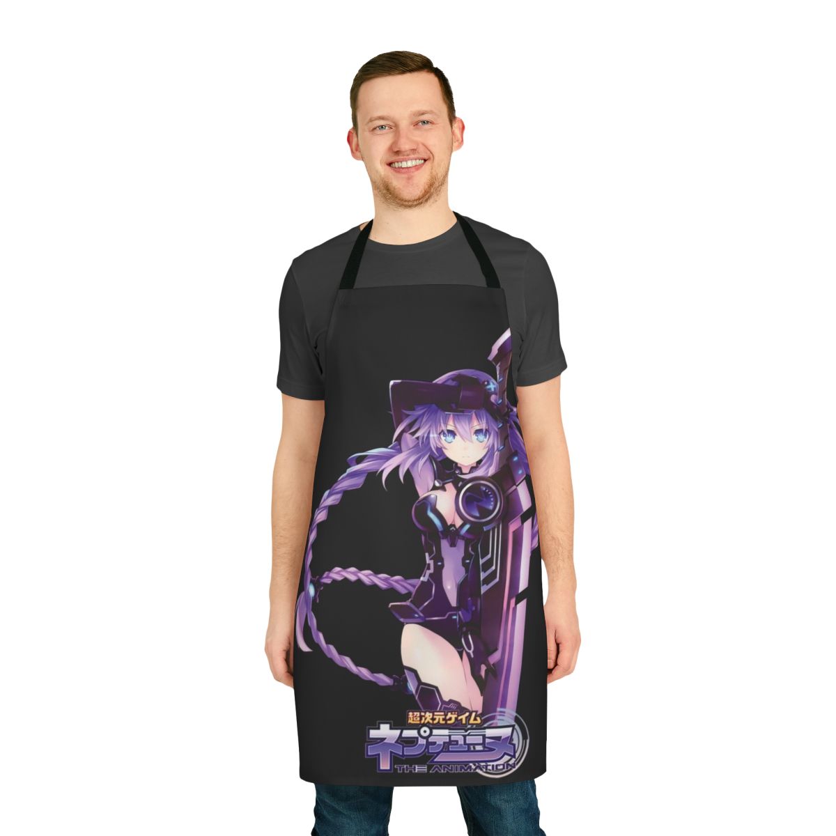 A purple and glowing apron featuring the character Purple Heart from the Hyperdimension Neptunia anime series.
