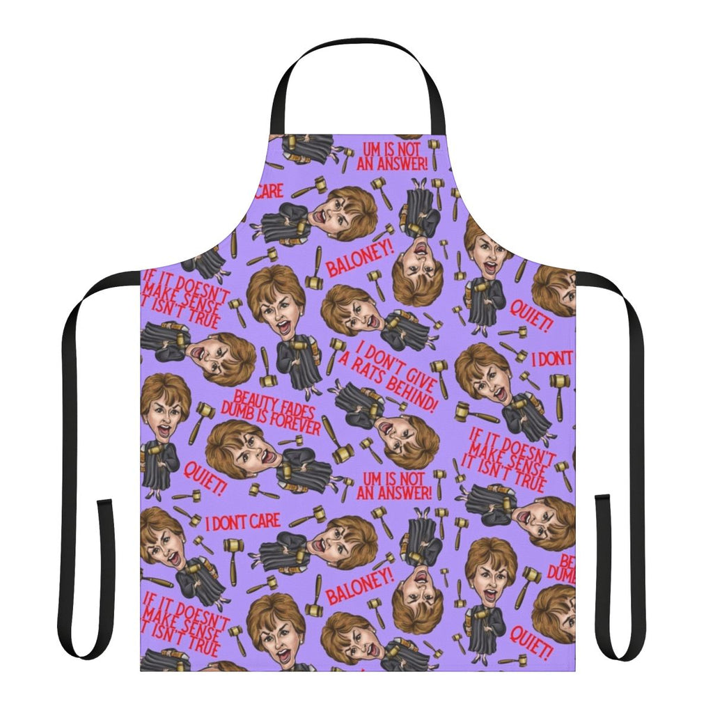 A vibrant purple apron featuring a Judge Judy inspired print design, perfect for fans of the iconic reality TV personality.