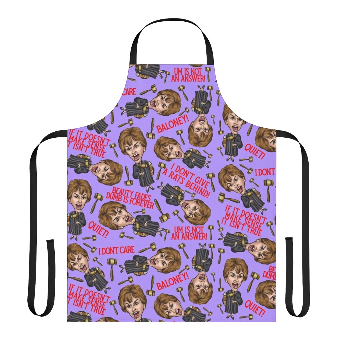 A vibrant purple apron featuring a Judge Judy inspired print design, perfect for fans of the iconic reality TV personality.