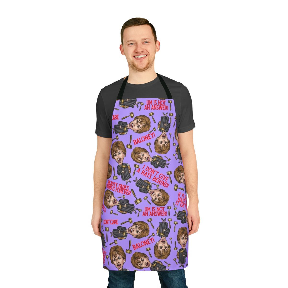 A vibrant purple apron featuring a Judge Judy inspired print design, perfect for fans of the iconic reality TV personality.