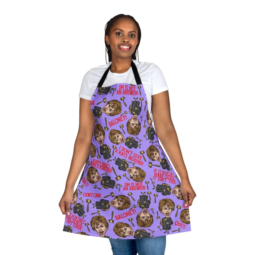A vibrant purple apron featuring a Judge Judy inspired print design, perfect for fans of the iconic reality TV personality.