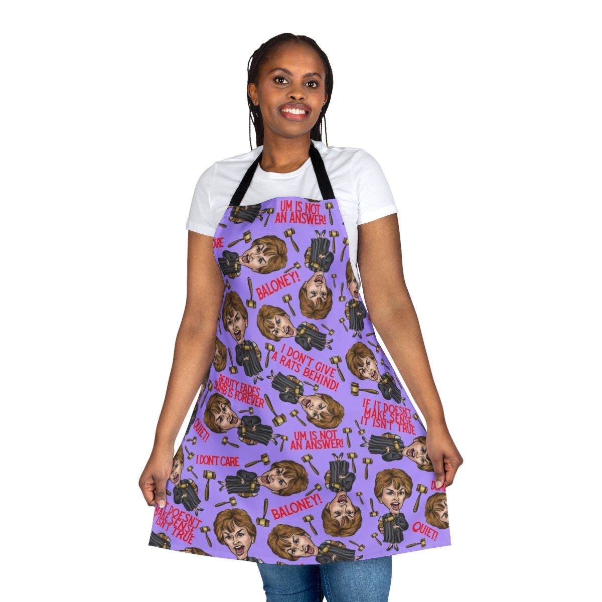 A vibrant purple apron featuring a Judge Judy inspired print design, perfect for fans of the iconic reality TV personality.
