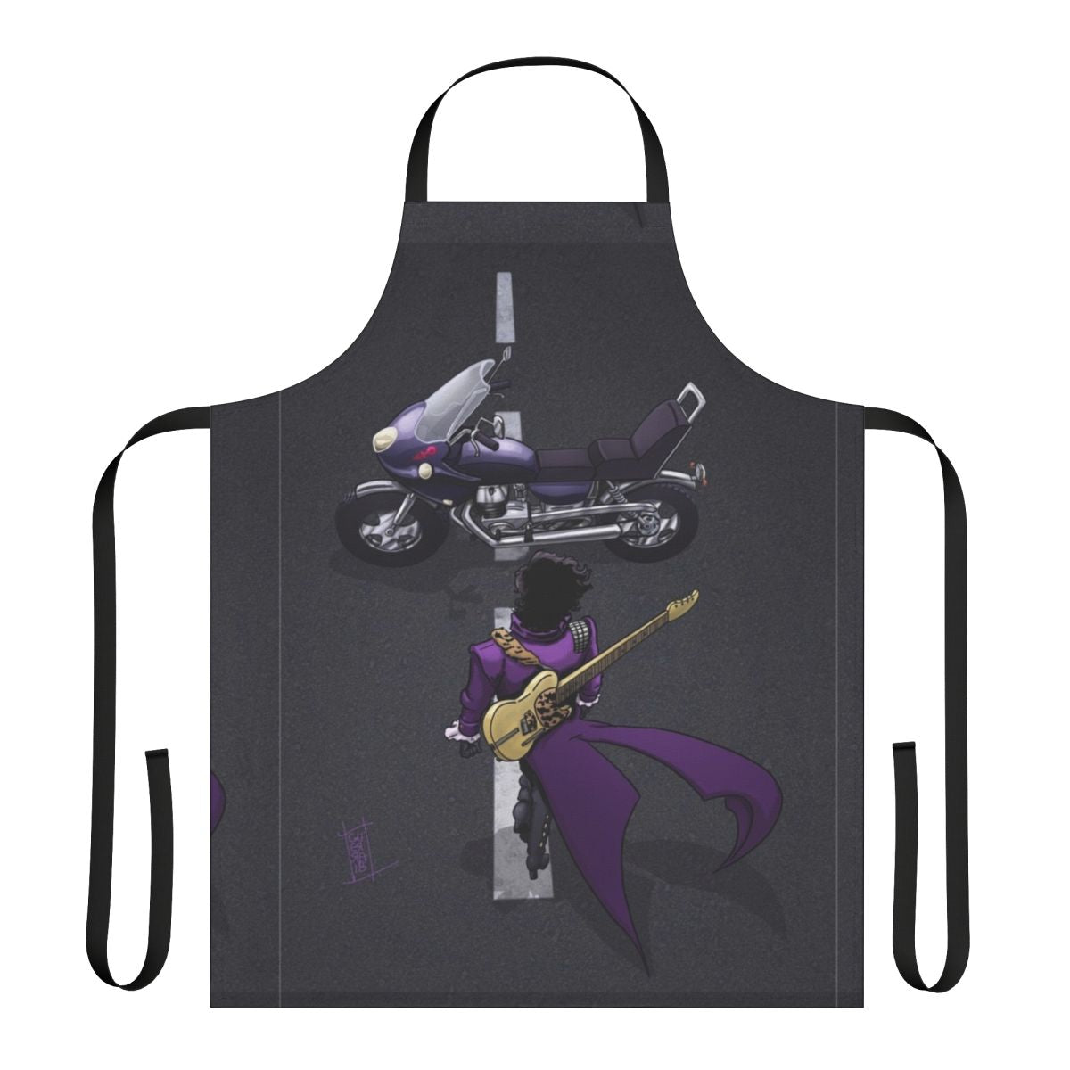 Stylish purple apron featuring a motorcycle and guitar design