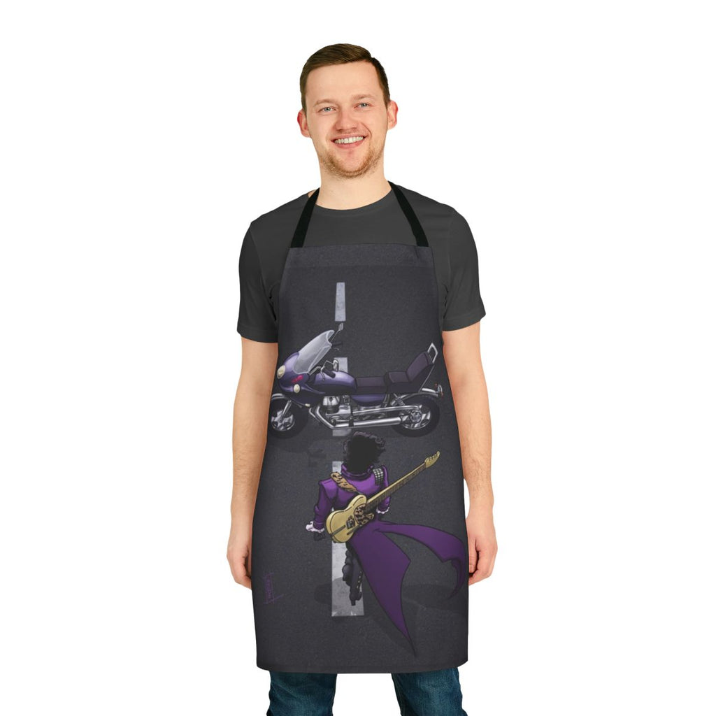 Stylish purple apron featuring a motorcycle and guitar design