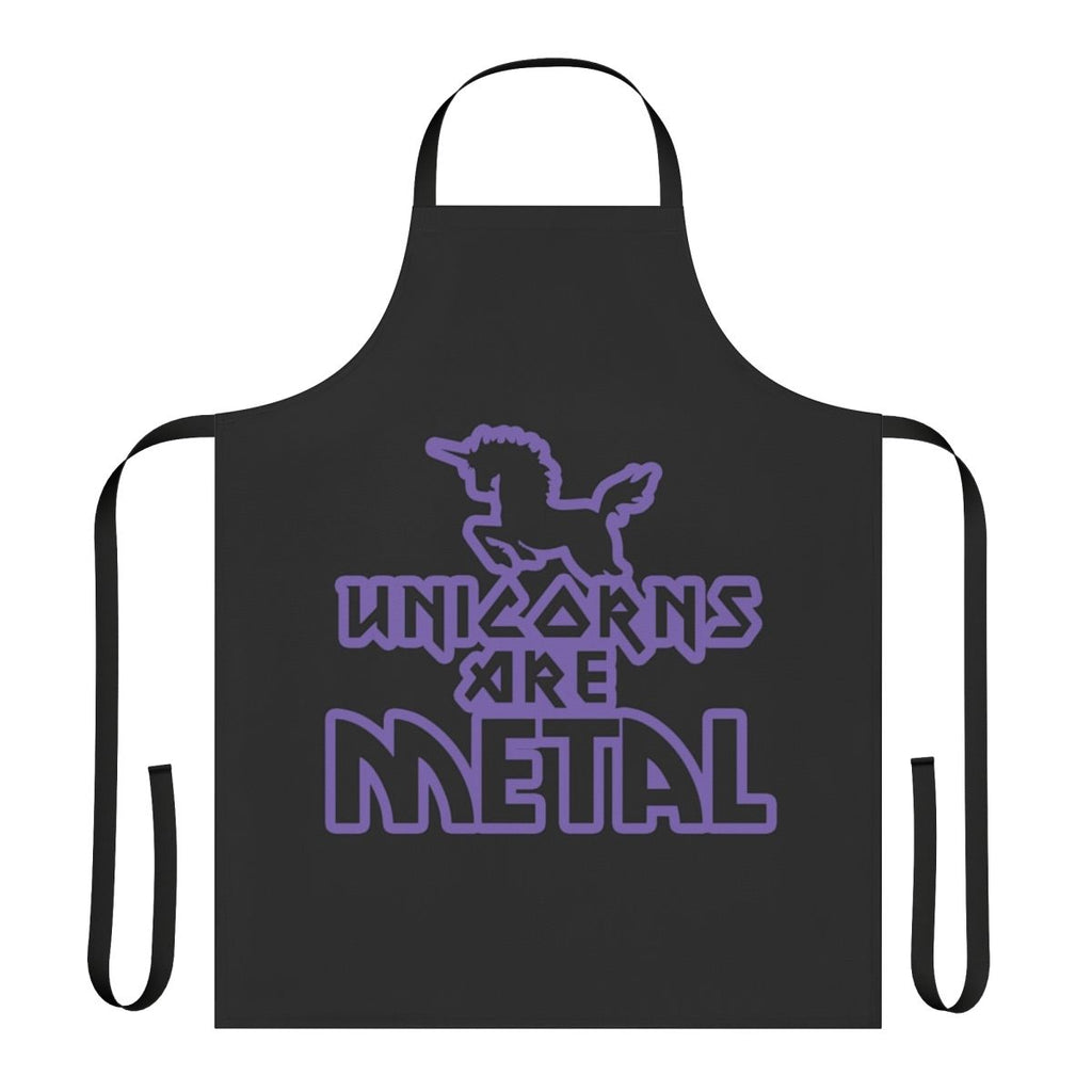 A purple unicorn-themed apron with a bold metal-inspired design