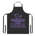 A purple unicorn-themed apron with a bold metal-inspired design