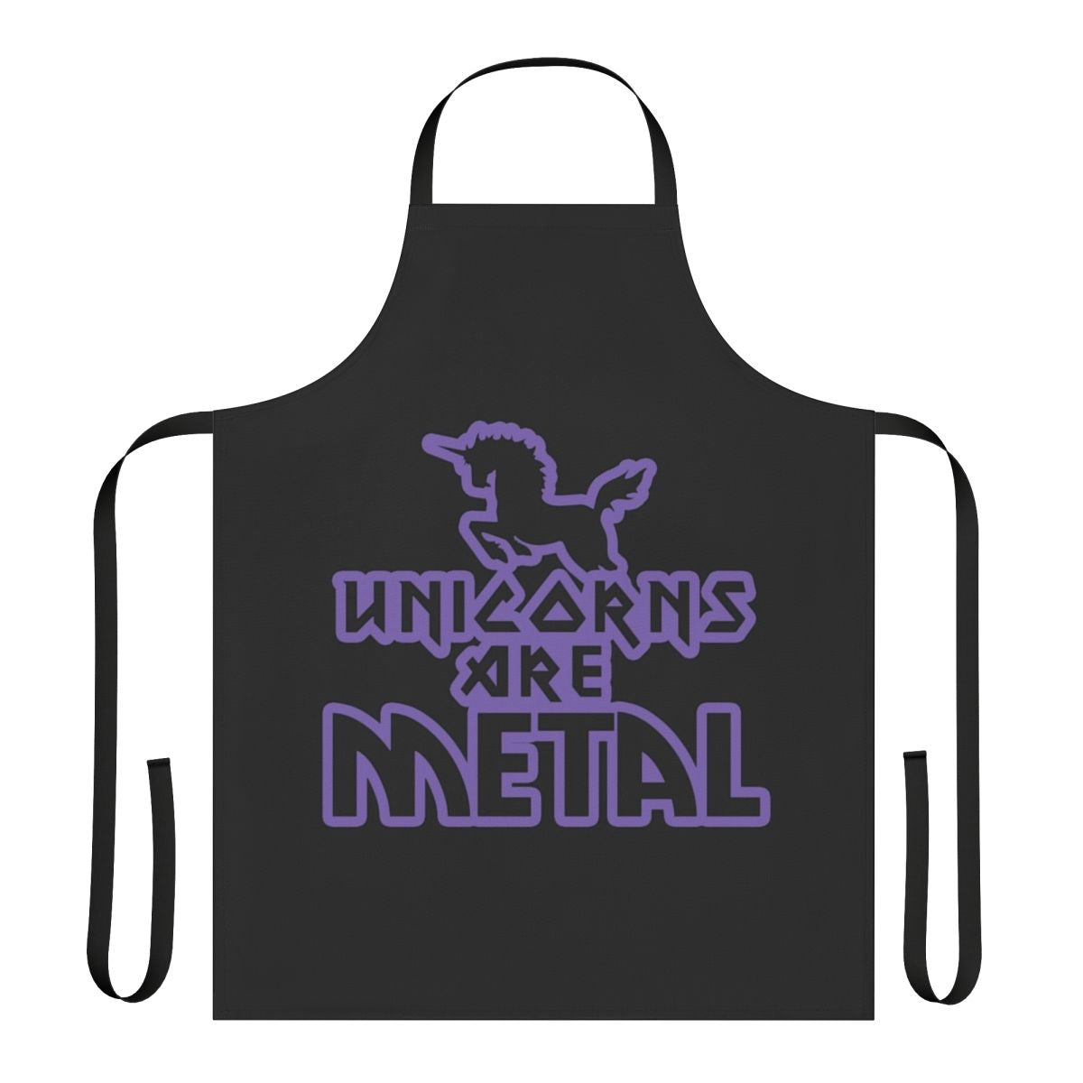 A purple unicorn-themed apron with a bold metal-inspired design