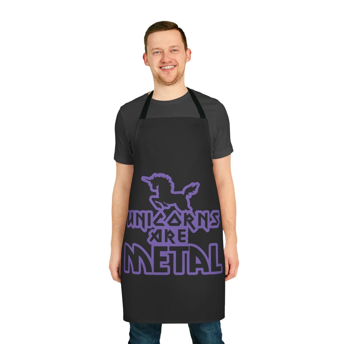 A purple unicorn-themed apron with a bold metal-inspired design