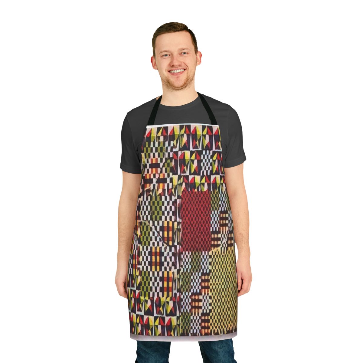 Vibrant abstract apron featuring the Pythagorean Theorem design by acclaimed artist Alfred Jensen
