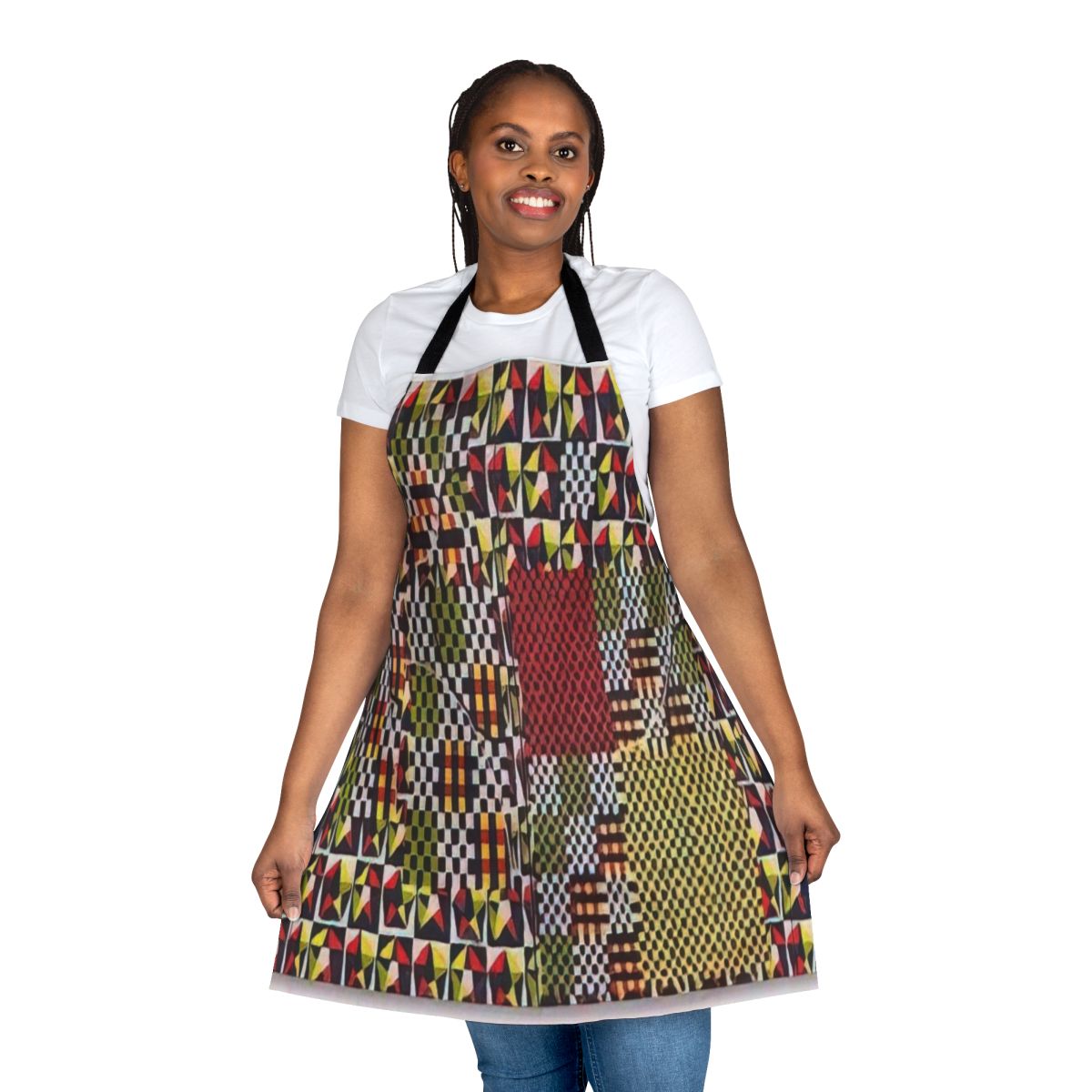 Vibrant abstract apron featuring the Pythagorean Theorem design by acclaimed artist Alfred Jensen