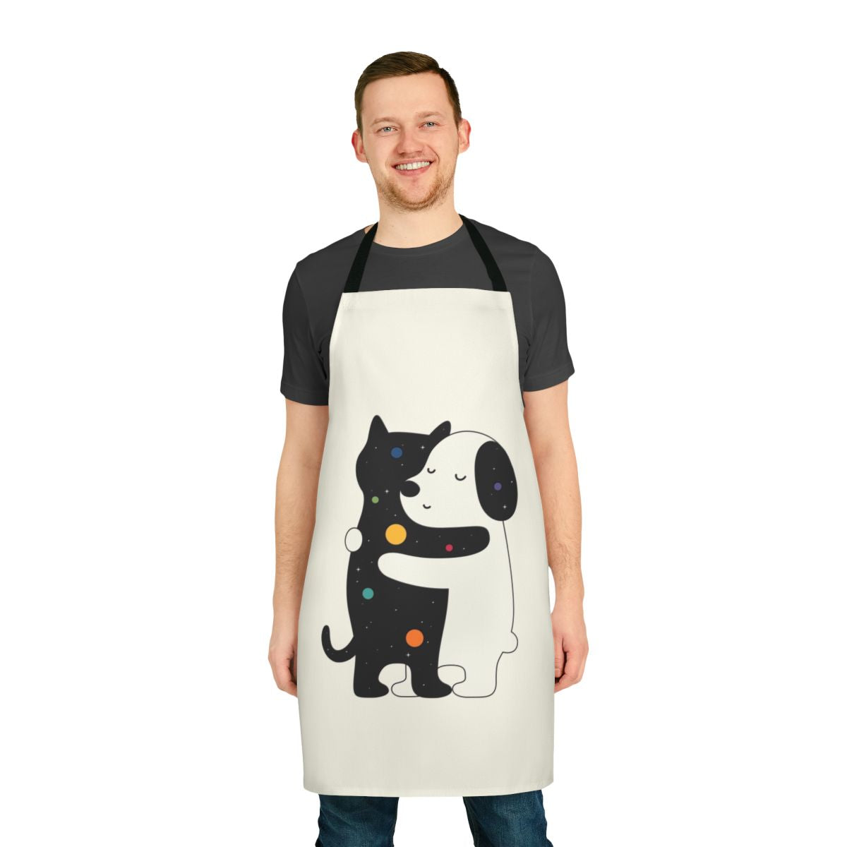 Colorful universal language apron with hugging pets design