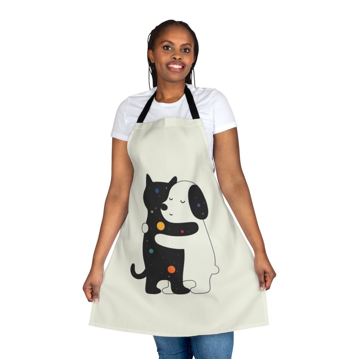 Colorful universal language apron with hugging pets design