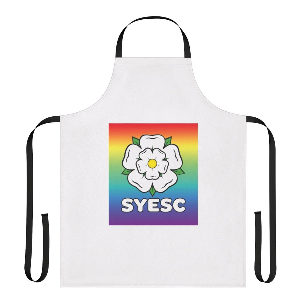 Colorful rainbow-patterned apron with the Syesc brand logo