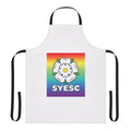 Colorful rainbow-patterned apron with the Syesc brand logo