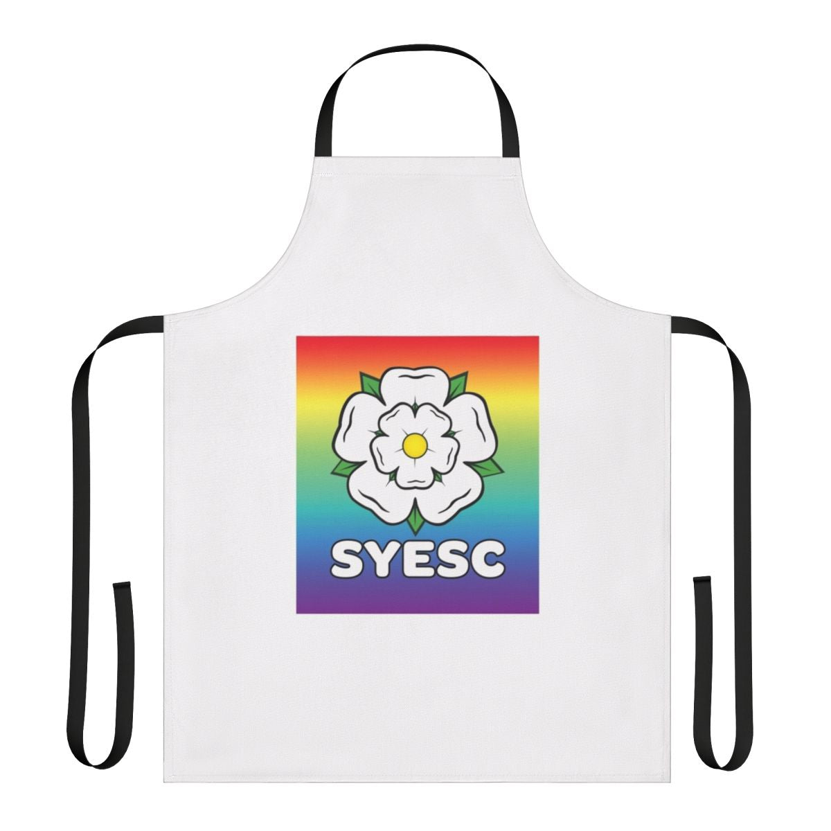 Colorful rainbow-patterned apron with the Syesc brand logo