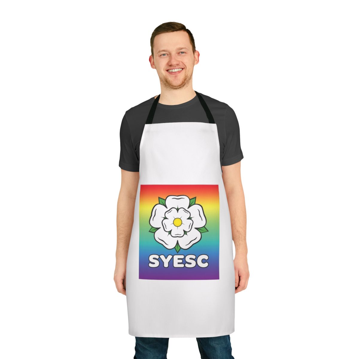 Colorful rainbow-patterned apron with the Syesc brand logo