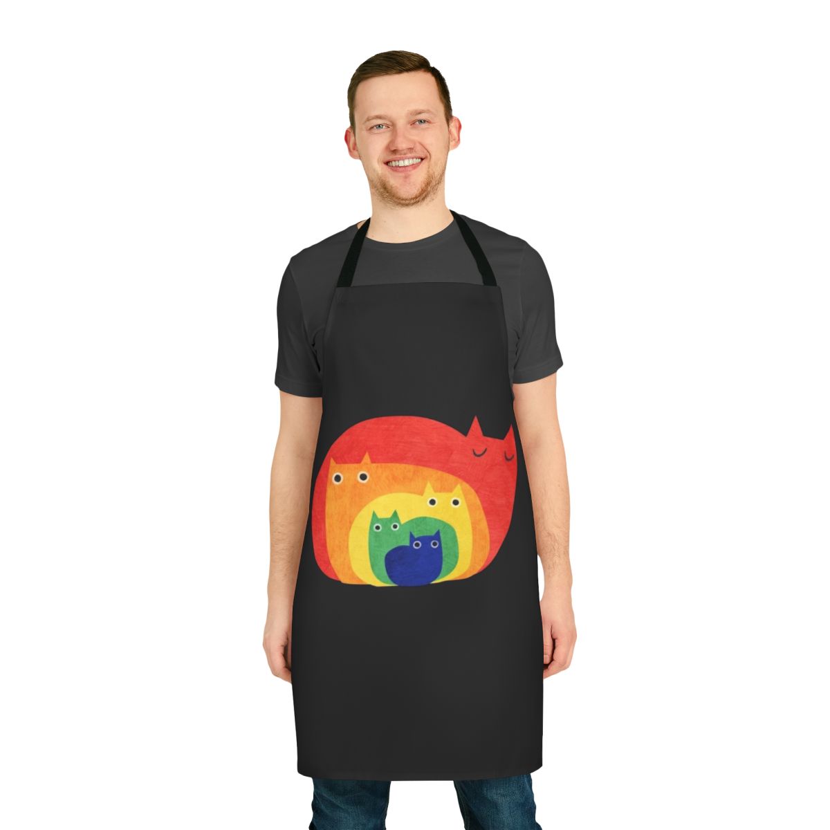 Colorful apron featuring a playful rainbow cat design