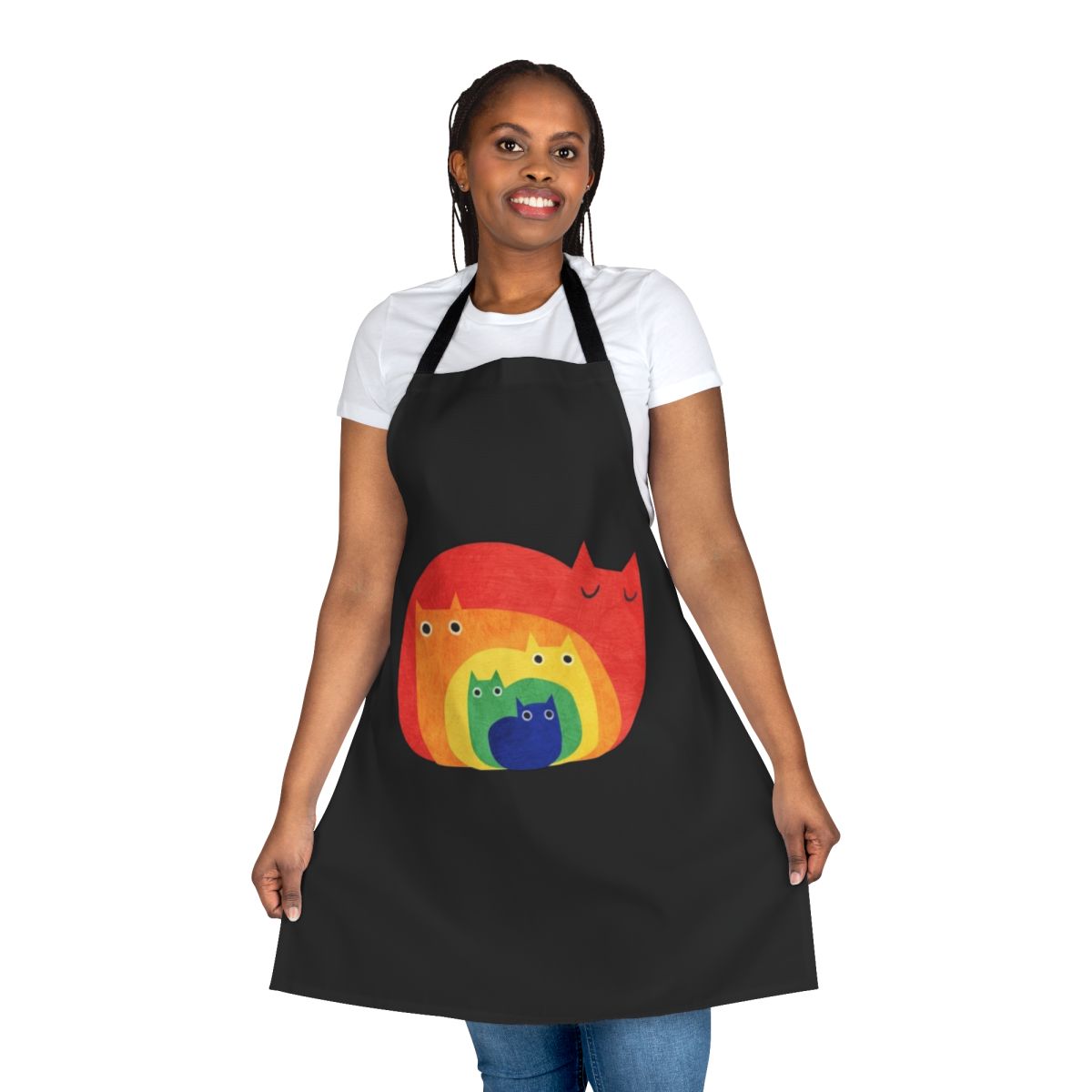 Colorful apron featuring a playful rainbow cat design