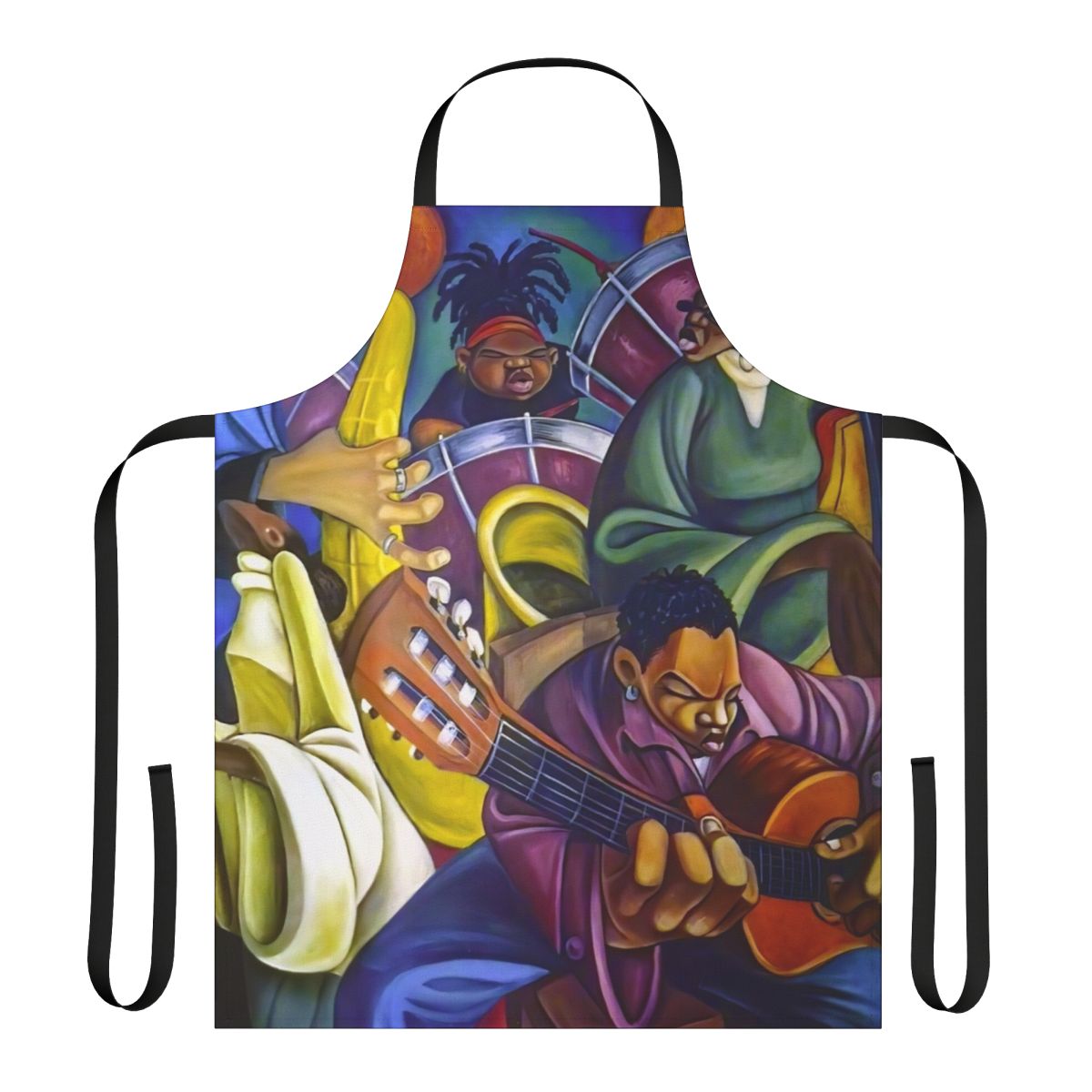 Multicolored apron with rainbow design, featuring children's music imagery