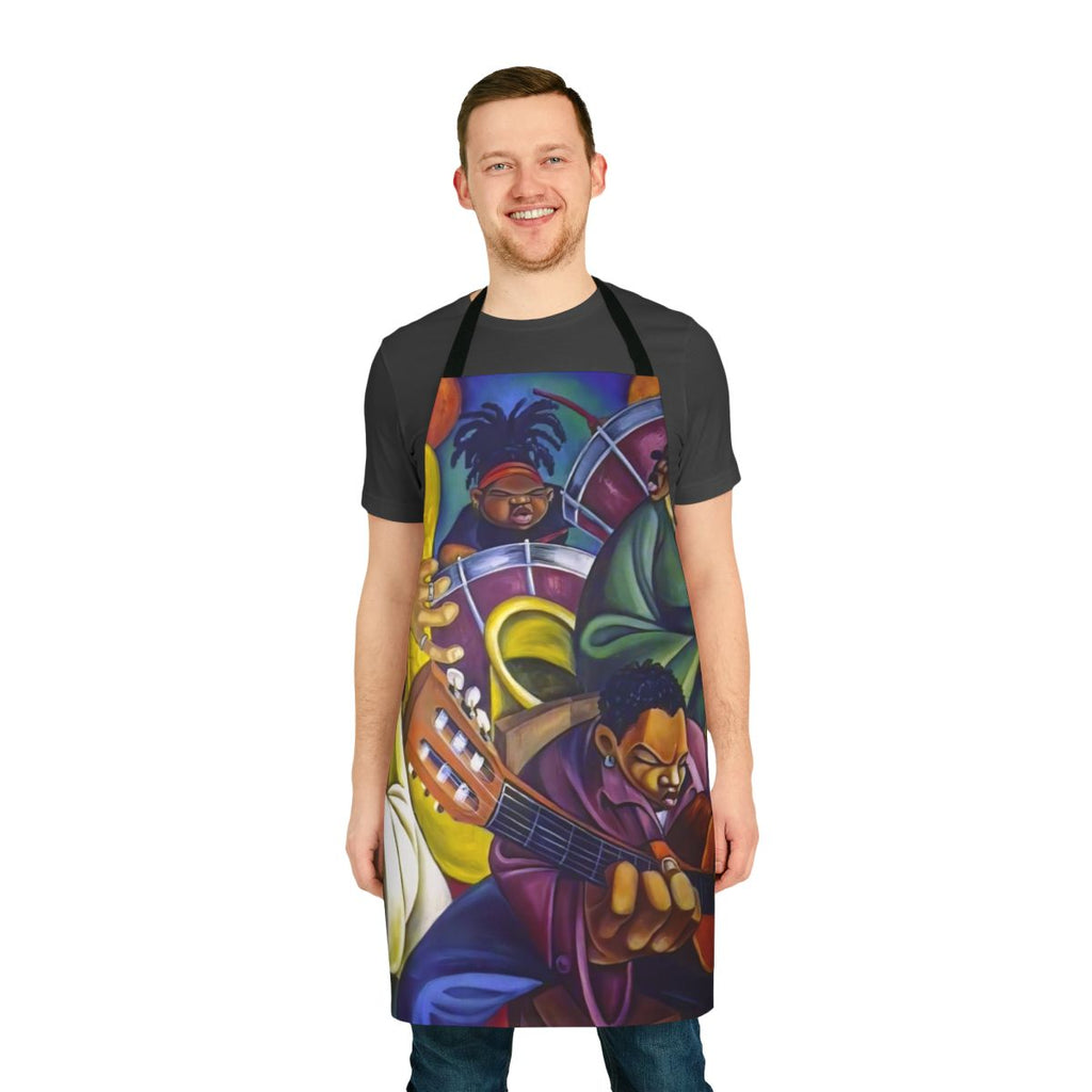 Multicolored apron with rainbow design, featuring children's music imagery