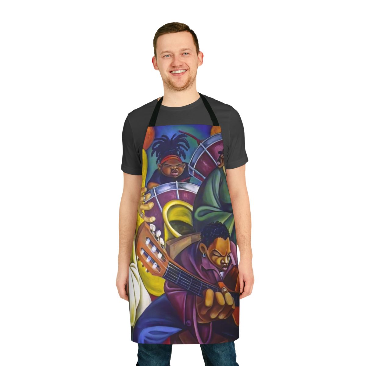 Multicolored apron with rainbow design, featuring children's music imagery