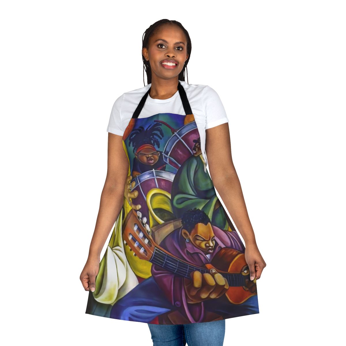 Multicolored apron with rainbow design, featuring children's music imagery