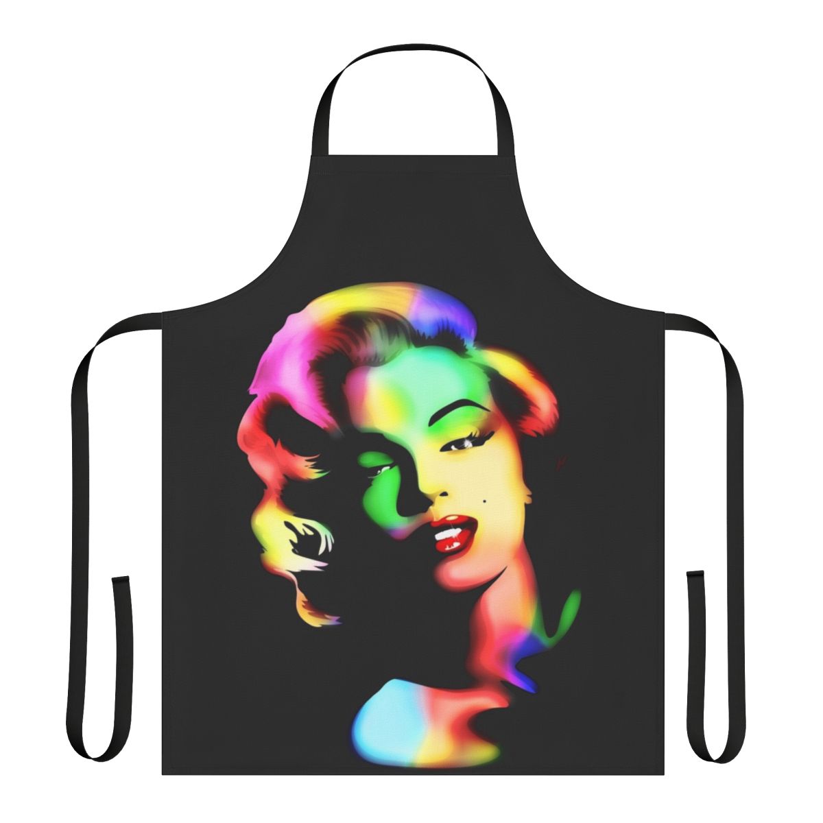 Marilyn Monroe-inspired apron featuring a colorful rainbow design
