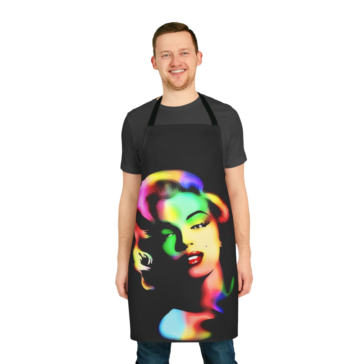 Marilyn Monroe-inspired apron featuring a colorful rainbow design