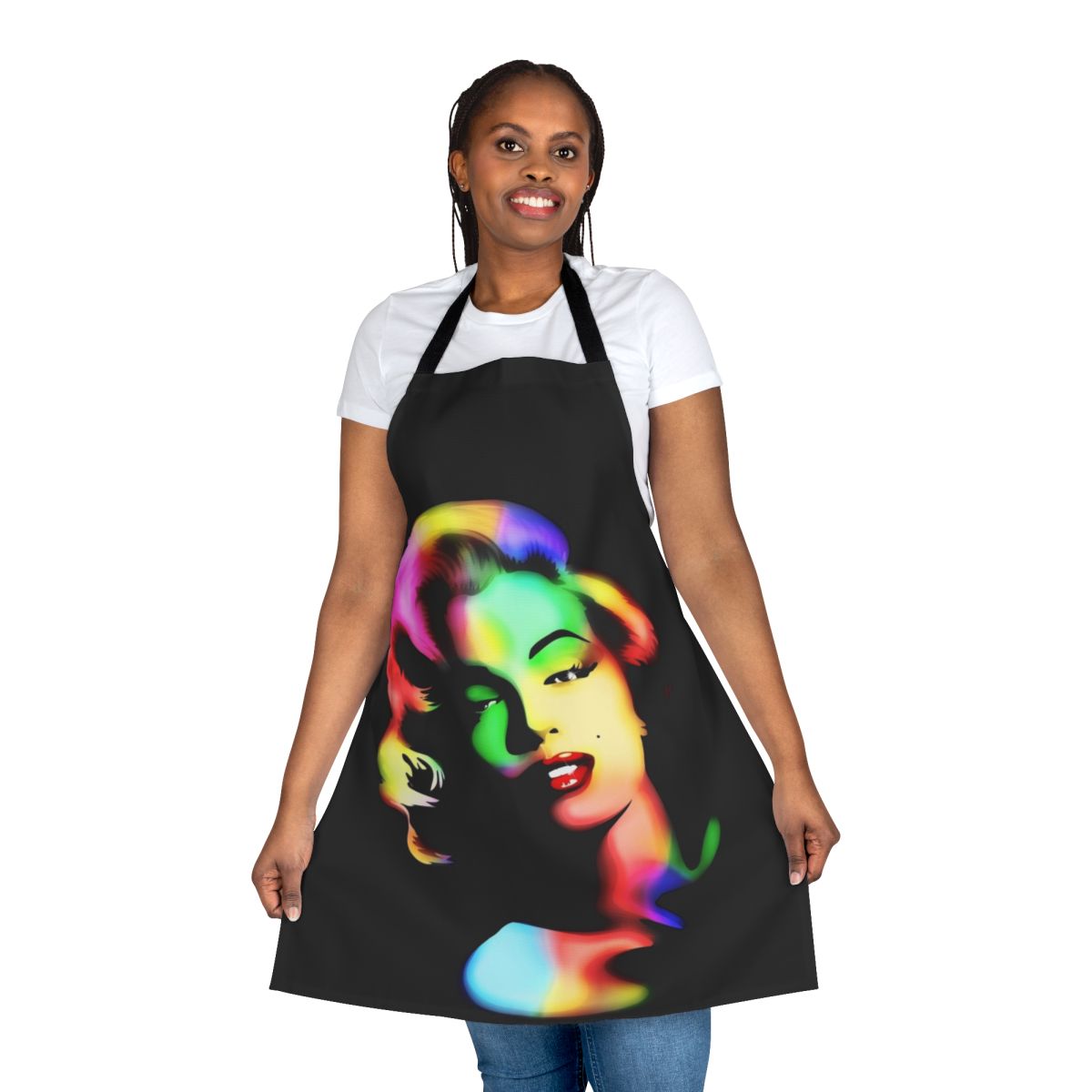 Marilyn Monroe-inspired apron featuring a colorful rainbow design