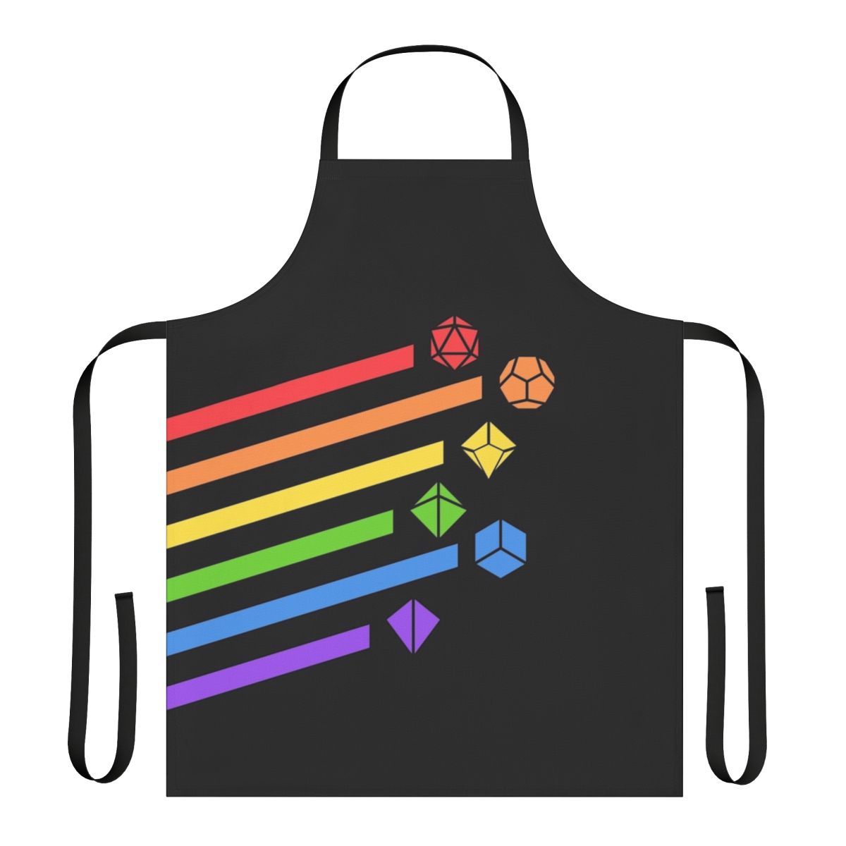 Colorful rainbow dice set printed on an apron for tabletop RPG gaming, perfect for dungeon masters and players.