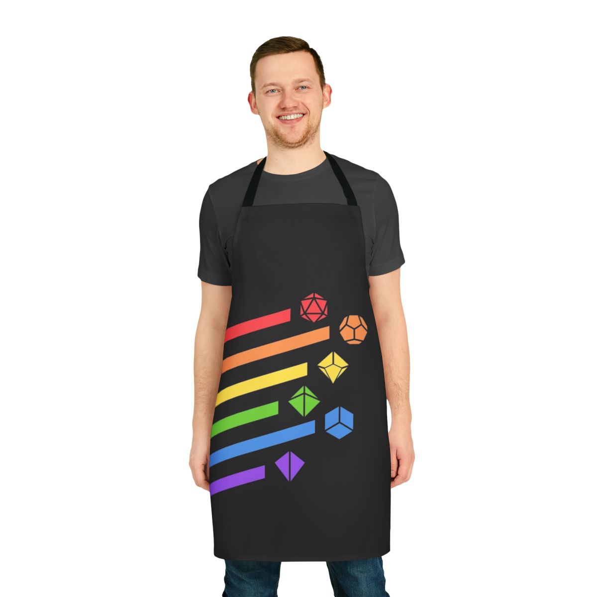 Colorful rainbow dice set printed on an apron for tabletop RPG gaming, perfect for dungeon masters and players.