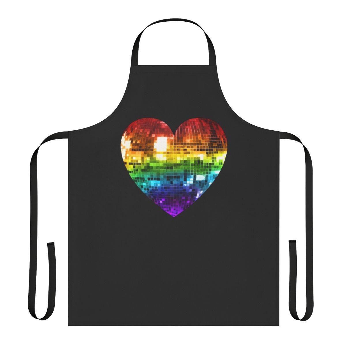 A rainbow-colored disco ball-inspired heart design printed on a durable apron.