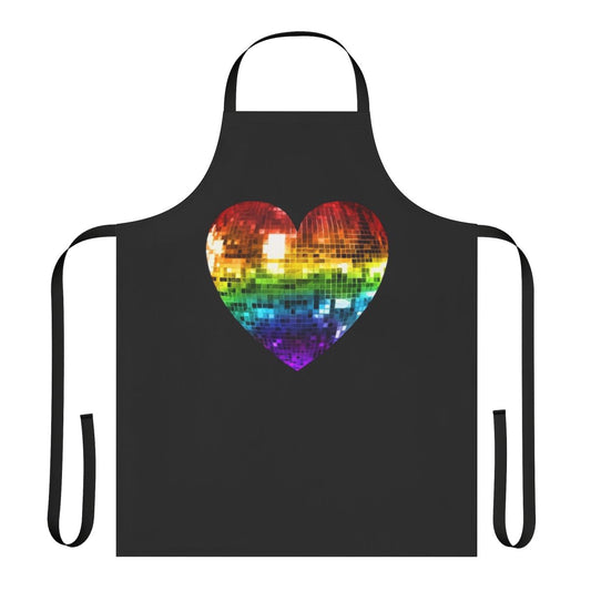 A rainbow-colored disco ball-inspired heart design printed on a durable apron.
