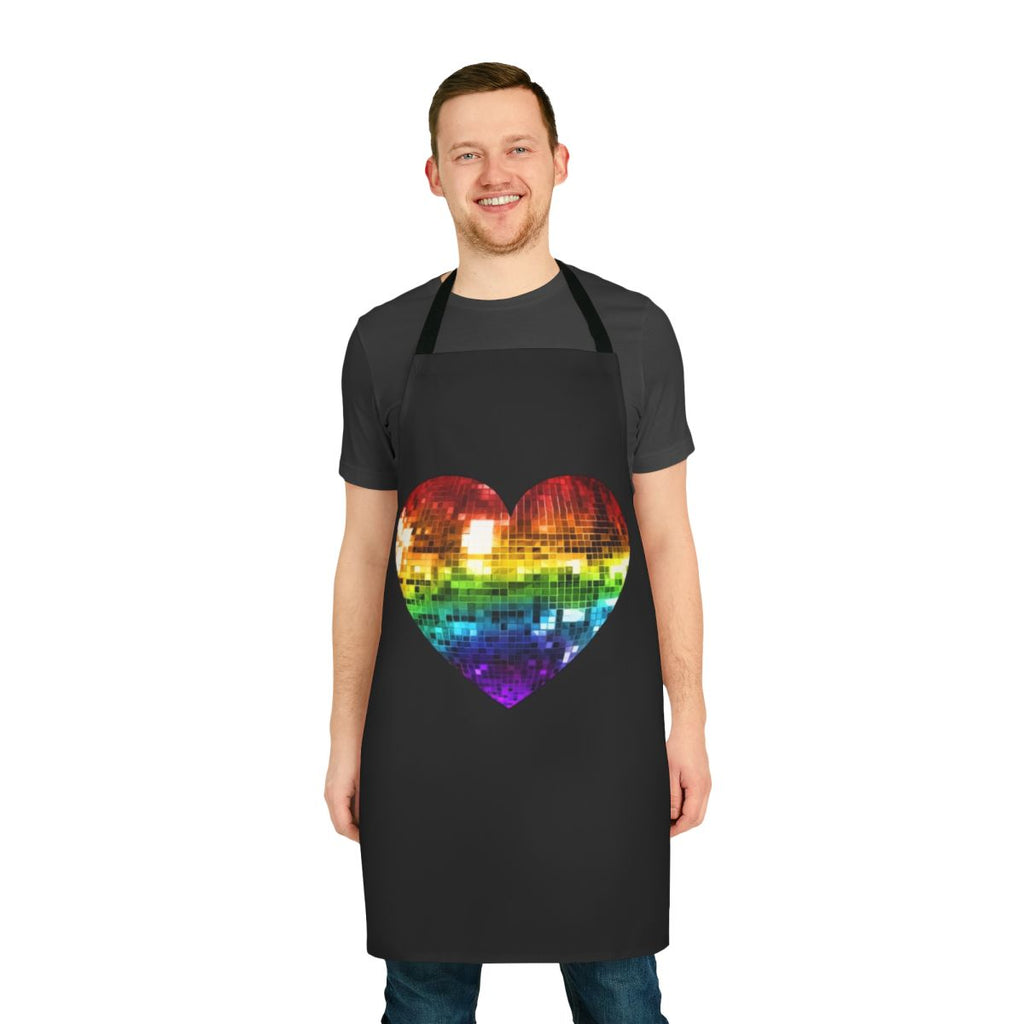A rainbow-colored disco ball-inspired heart design printed on a durable apron.