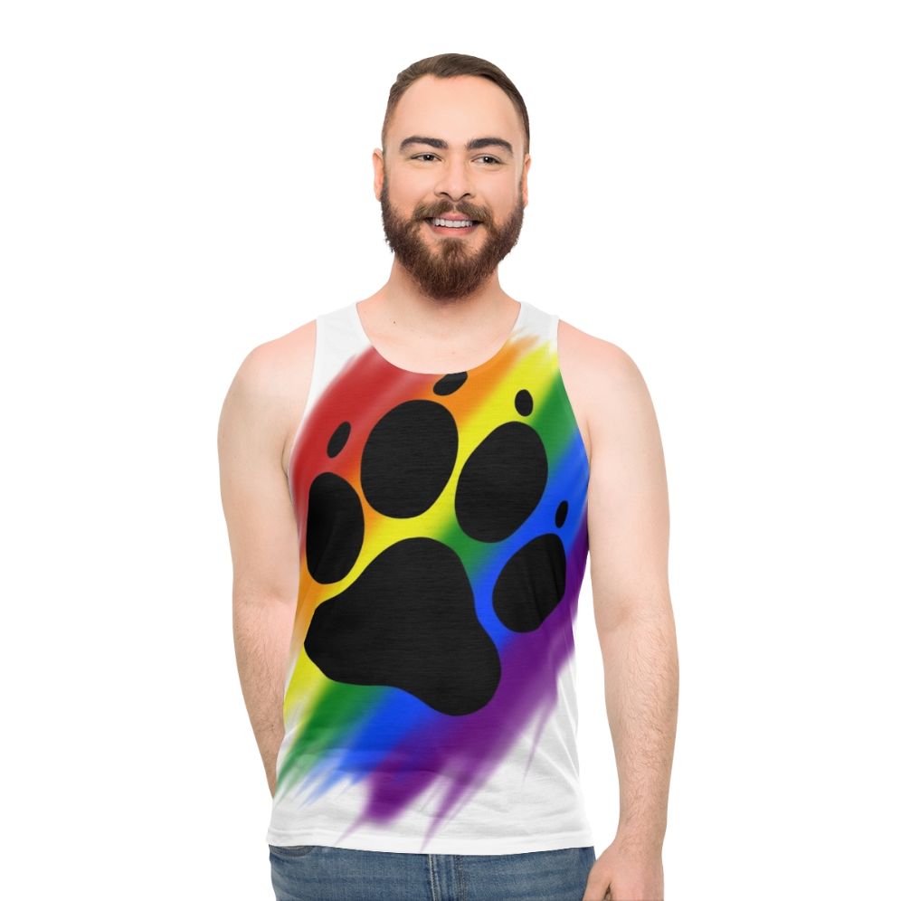 Vibrant rainbow dog paw print unisex tank top