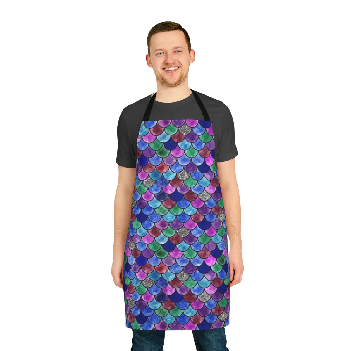 Colorful rainbow fish scales design on a durable kitchen apron