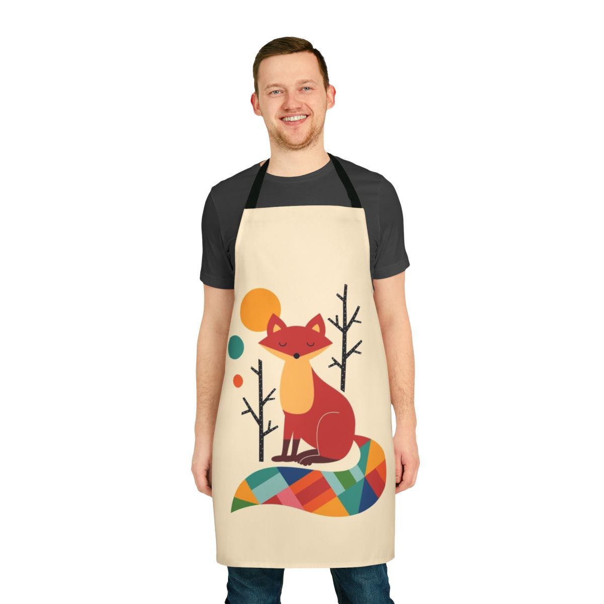 Colorful apron featuring a playful rainbow fox design