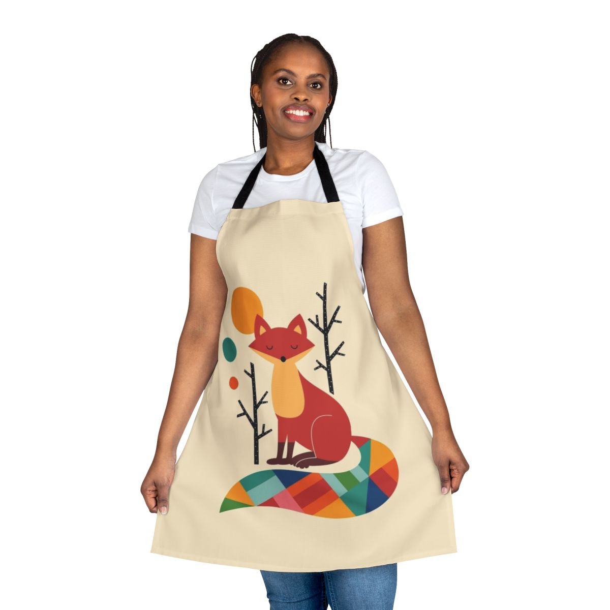 Colorful apron featuring a playful rainbow fox design