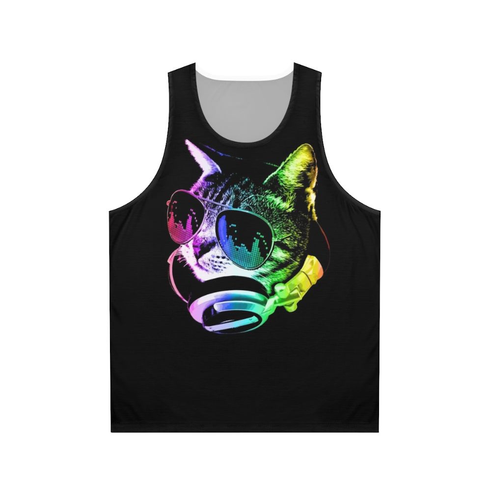 Vibrant rainbow music cat with headphones on a unisex tank top