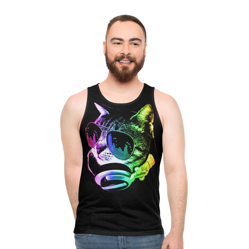 Vibrant rainbow music cat with headphones on a unisex tank top
