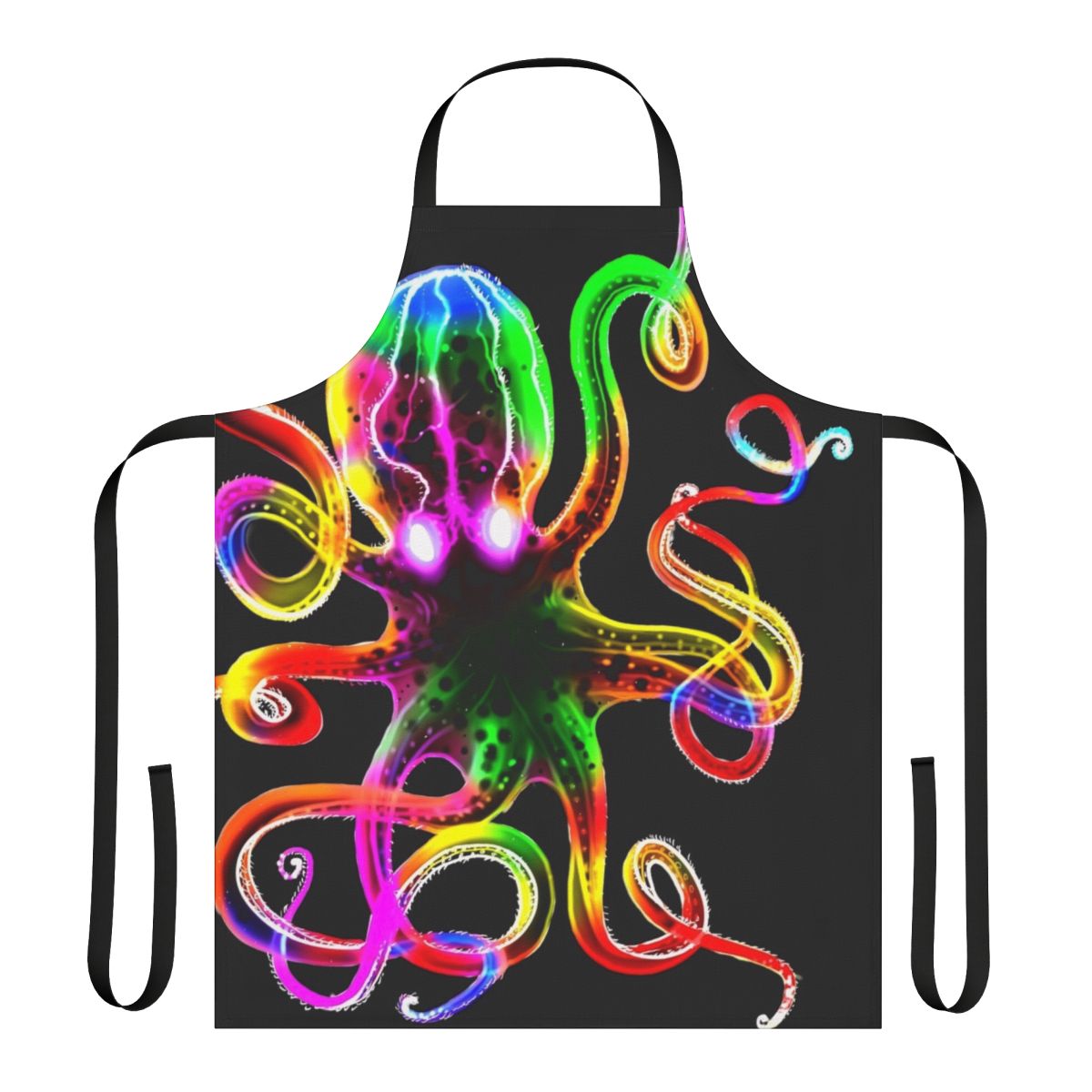 Colorful tie-dye octopus design on a kitchen apron with glow-in-the-dark tentacles.