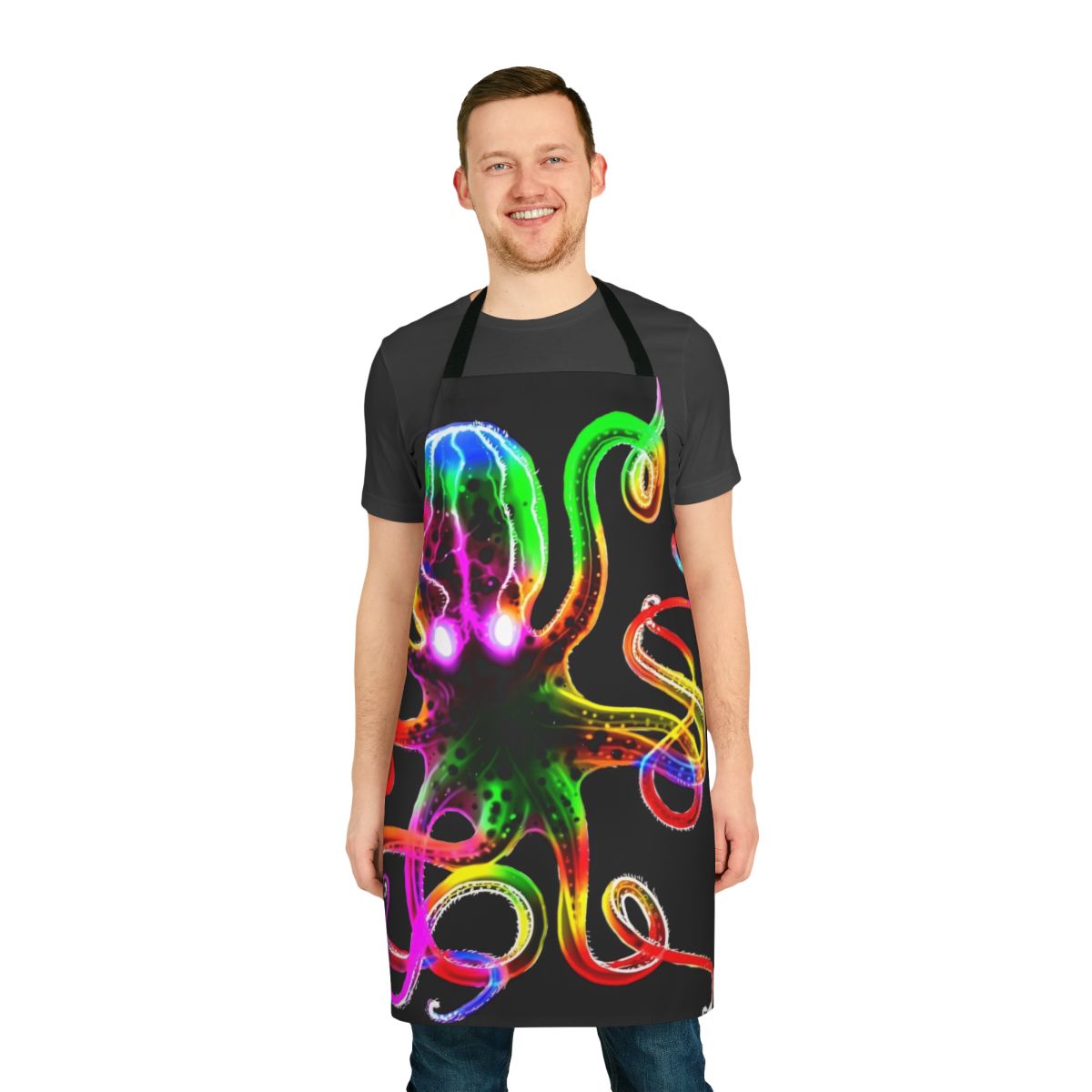Colorful tie-dye octopus design on a kitchen apron with glow-in-the-dark tentacles.
