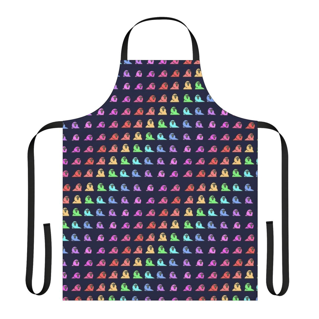 A colorful apron featuring a vibrant rainbow parrot design